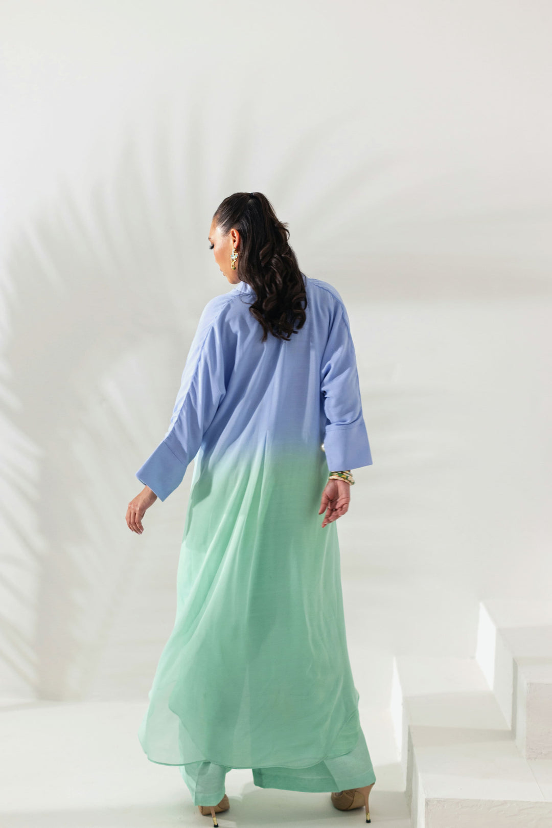 Shehrnaz - Aqua Ombre High-Low Tunic Co-ord Set - Ocean blue - 2 Piece - Studio by TCS