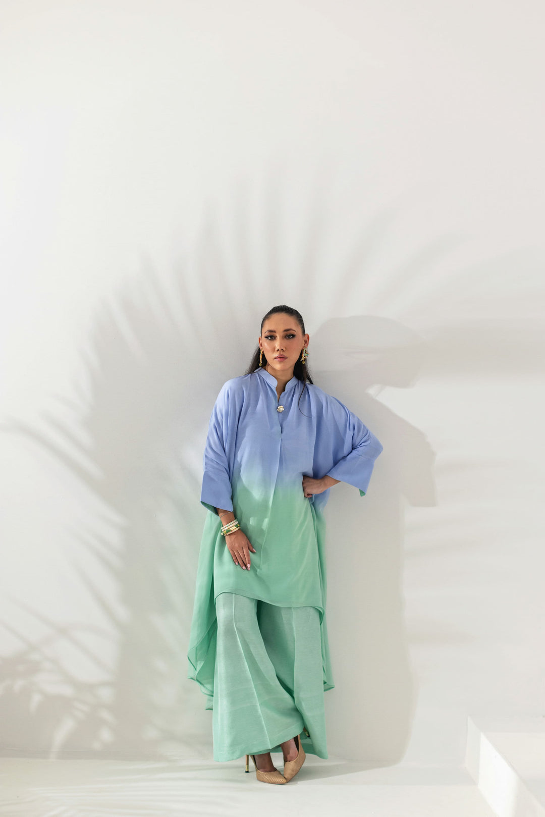 Shehrnaz - Aqua Ombre High-Low Tunic Co-ord Set - Ocean blue - 2 Piece - Studio by TCS