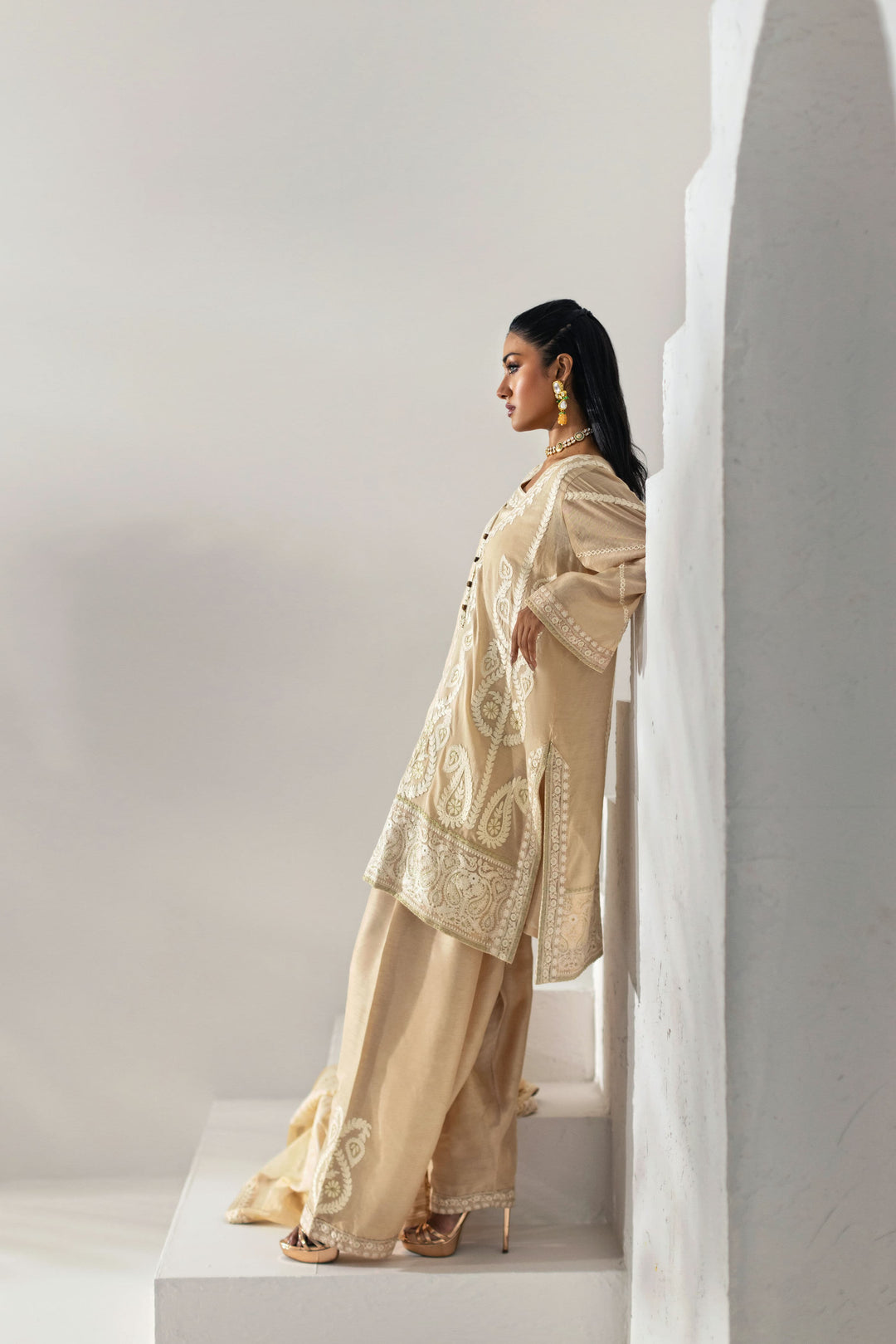 Shehrnaz - Champagne Embroidered Organza Three-Piece Suit - Cream - 3 Piece - Studio by TCS