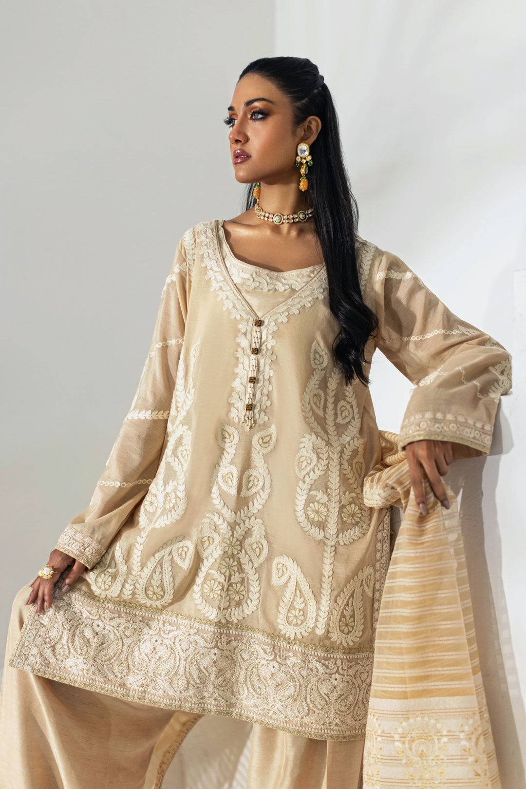 Shehrnaz - Champagne Embroidered Organza Three-Piece Suit - Cream - 3 Piece - Studio by TCS
