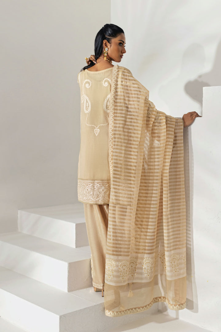 Shehrnaz - Champagne Embroidered Organza Three-Piece Suit - Cream - 3 Piece - Studio by TCS