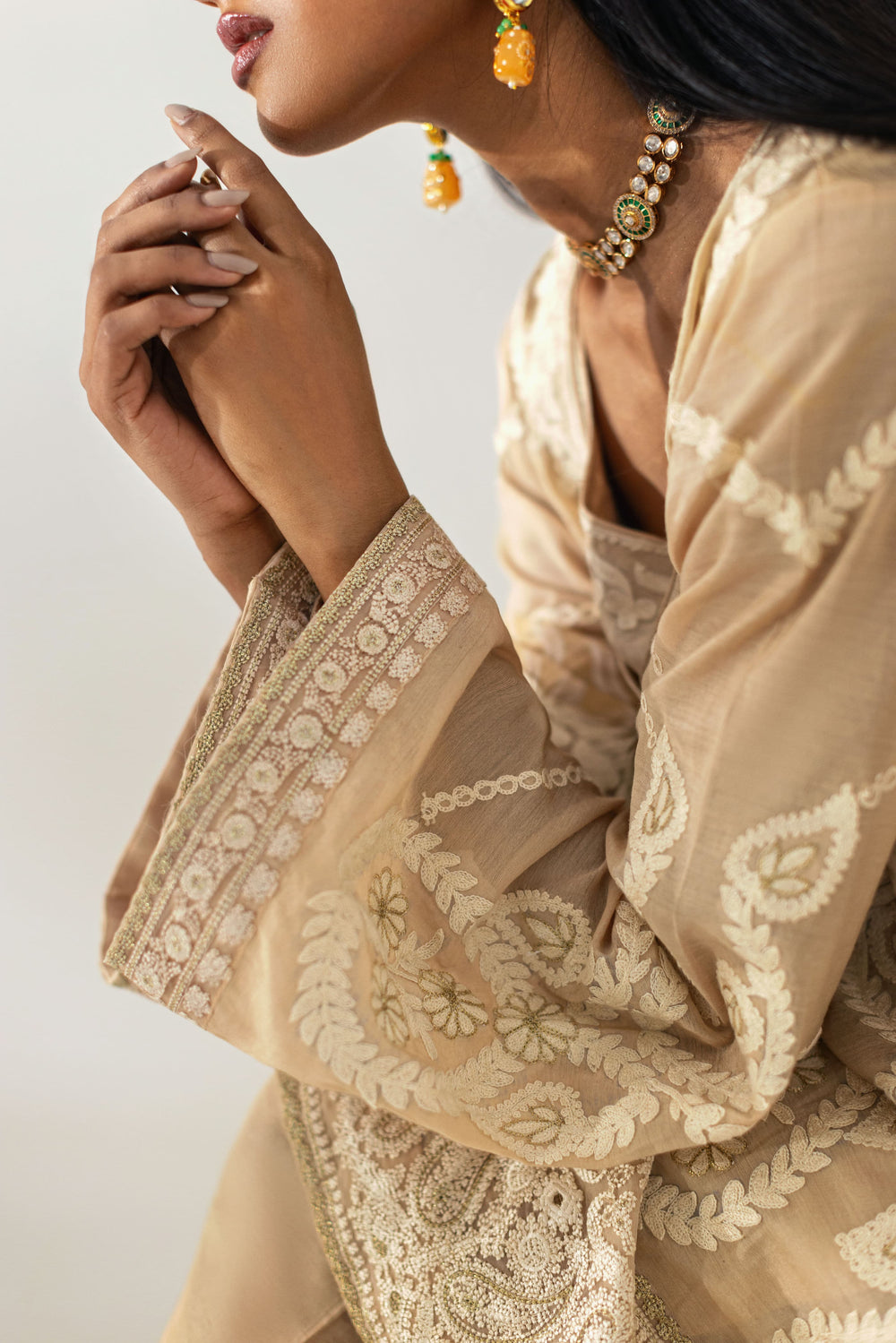 Shehrnaz - Champagne Embroidered Organza Three-Piece Suit - Cream - 3 Piece - Studio by TCS