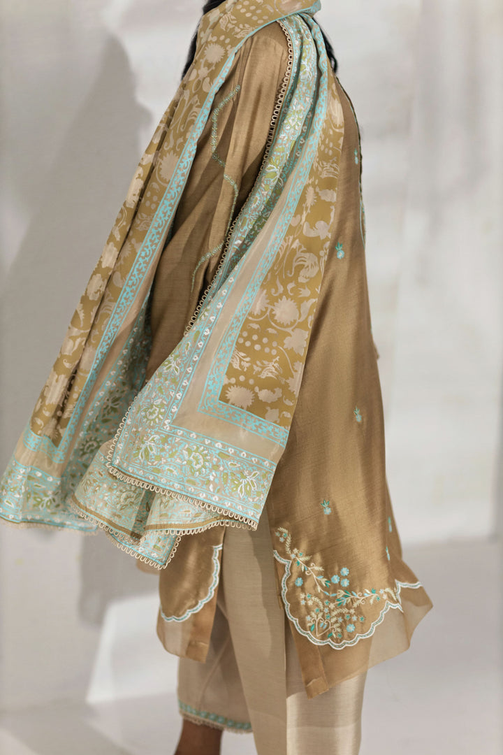 Shehrnaz - Fawn Tunic with Aqua Embroidered Accents - Beige - 3 Piece - Studio by TCS