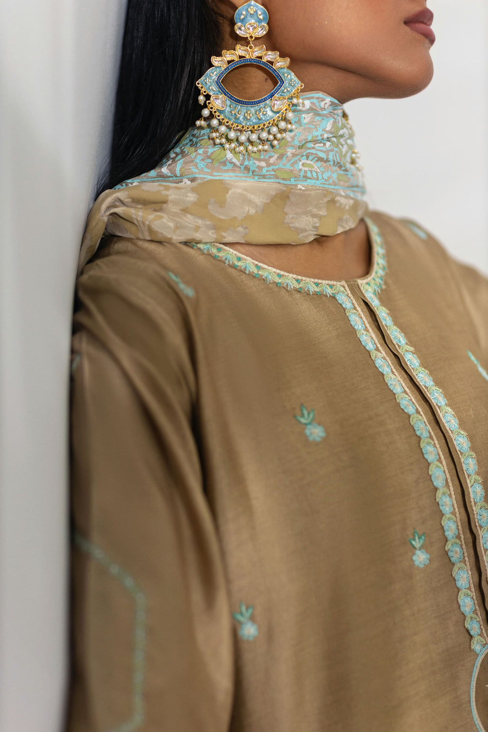 Shehrnaz - Fawn Tunic with Aqua Embroidered Accents - Beige - 3 Piece - Studio by TCS
