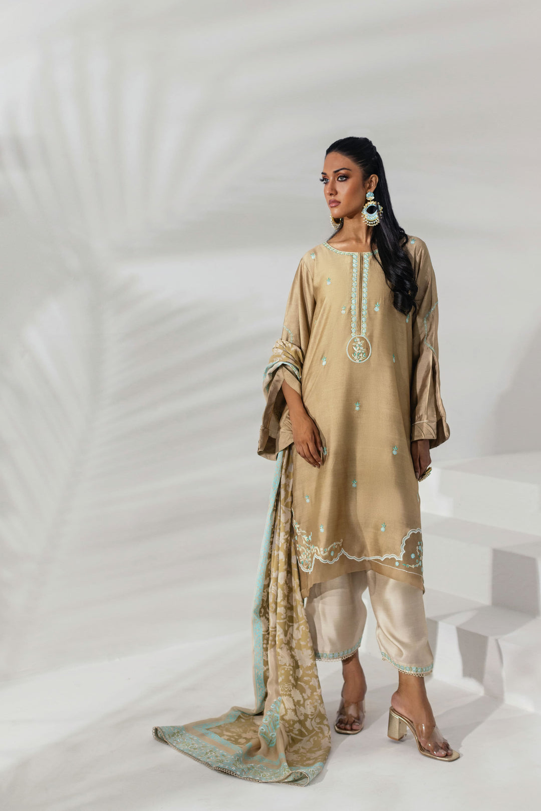 Shehrnaz - Fawn Tunic with Aqua Embroidered Accents - Beige - 3 Piece - Studio by TCS