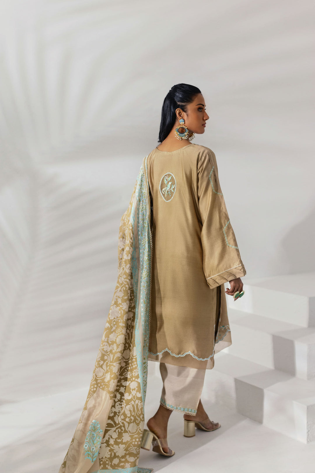 Shehrnaz - Fawn Tunic with Aqua Embroidered Accents - Beige - 3 Piece - Studio by TCS