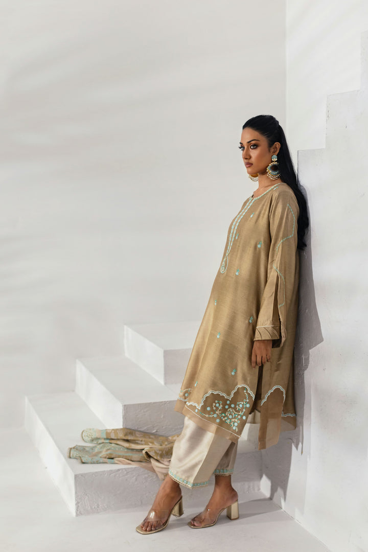 Shehrnaz - Fawn Tunic with Aqua Embroidered Accents - Beige - 3 Piece - Studio by TCS