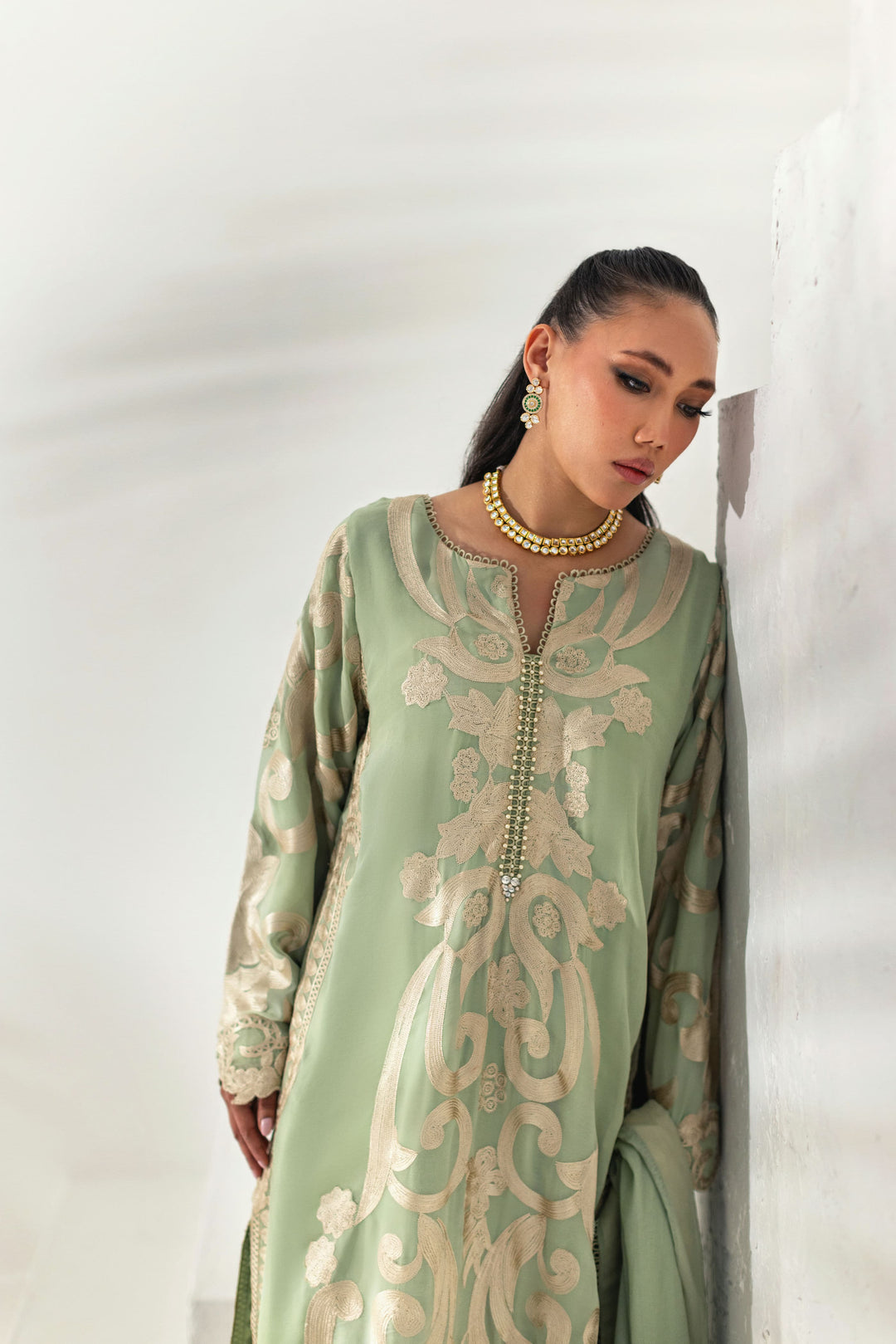 Shehrnaz - Sage Green Heavy Embroidered Scalloped Suit - Mint - 3 Piece - Studio by TCS