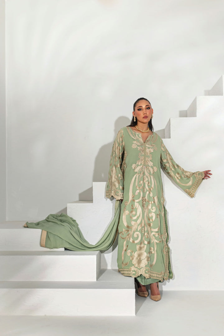 Shehrnaz - Sage Green Heavy Embroidered Scalloped Suit - Mint - 3 Piece - Studio by TCS