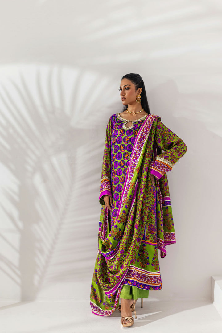 Shehrnaz - Chartreuse & Magenta Vibrant Printed Drape Set - Green - 3 Piece - Studio by TCS
