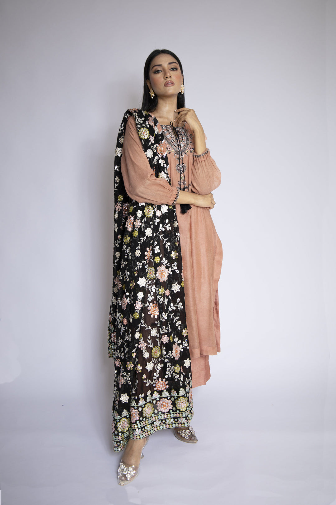 Sadia Aamir - Azara - Tea Pink Khaddi Net Shirt and Silk Culottes with Chiffon Dupatta - 3 Piece