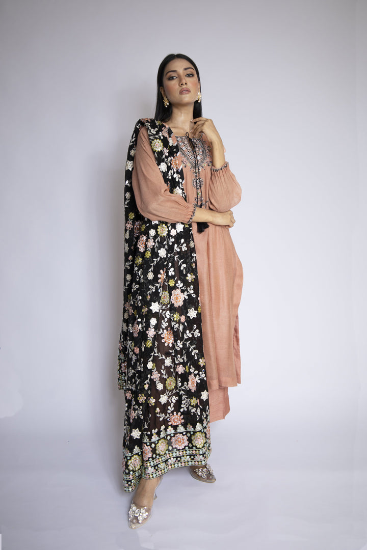 Sadia Aamir - Azara - Tea Pink Khaddi Net Shirt and Silk Culottes with Chiffon Dupatta - 3 Piece