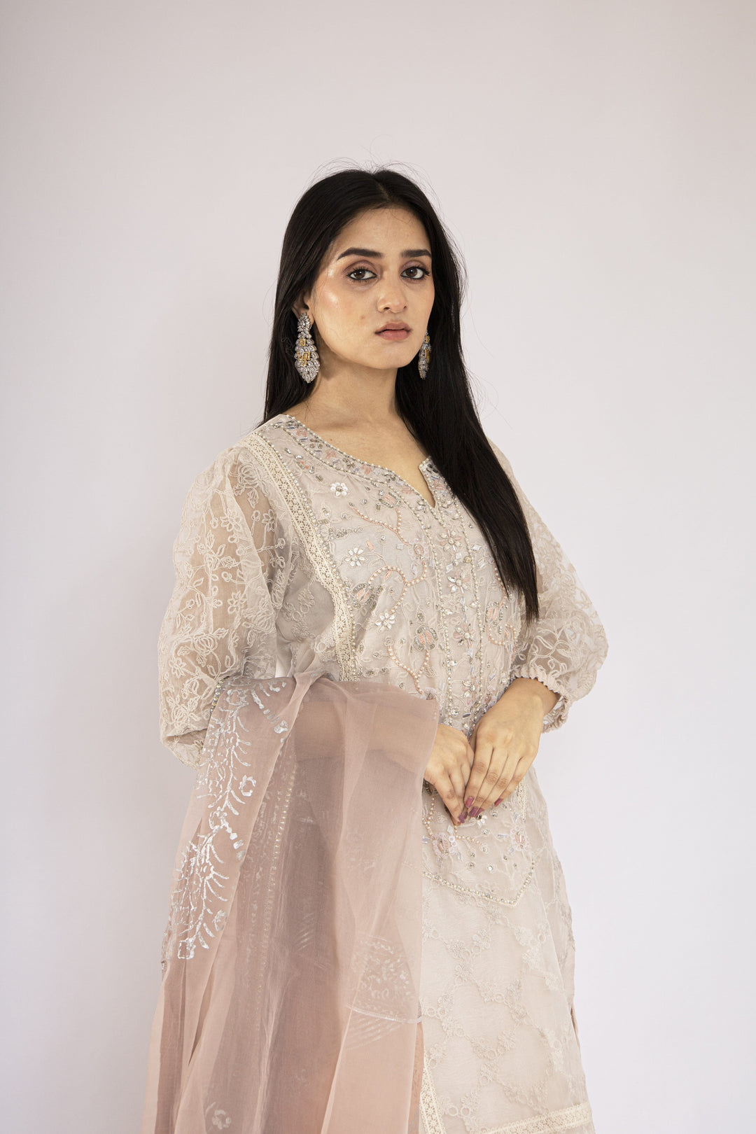 Sadia Aamir - Elaya - Off White Embroidered Organza Silk and Dupatta with Silk Culottes - 3 Piece