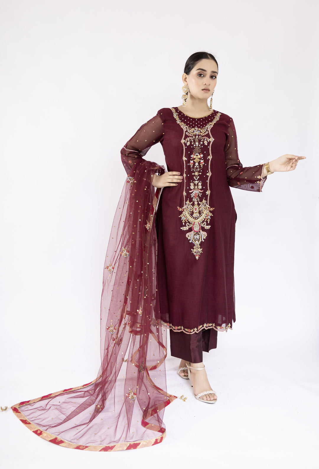 Sadia Aamir - Ilana - Mulberry Embroidered Khaddi Net Shirt and Silk Culottes with Net Dupatta - 3 Piece