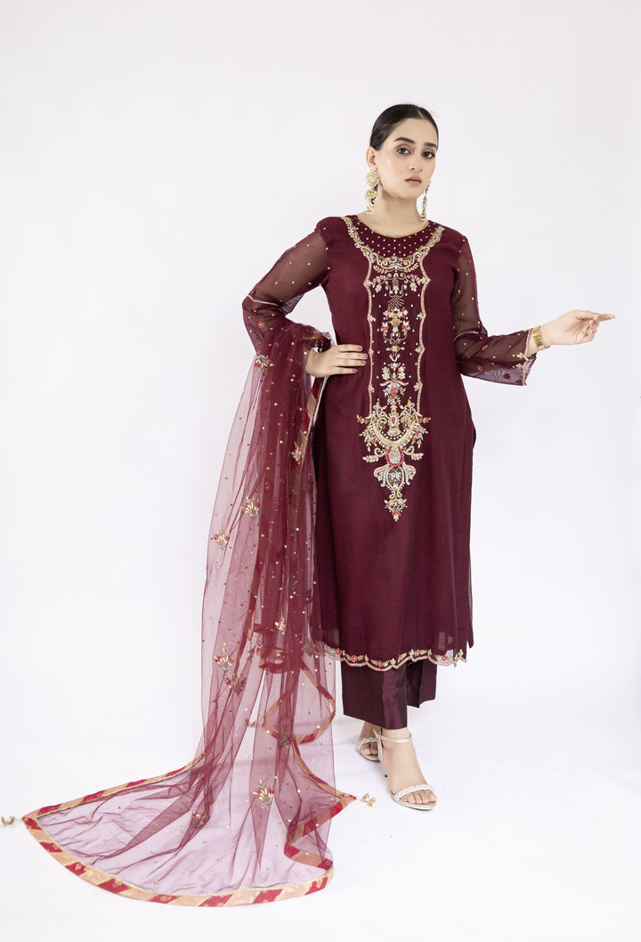 Sadia Aamir - Ilana - Mulberry Embroidered Khaddi Net Shirt and Silk Culottes with Net Dupatta - 3 Piece