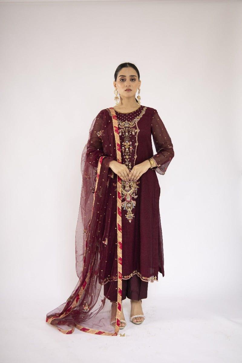 Sadia Aamir - Ilana - Mulberry Embroidered Khaddi Net Shirt and Silk Culottes with Net Dupatta - 3 Piece