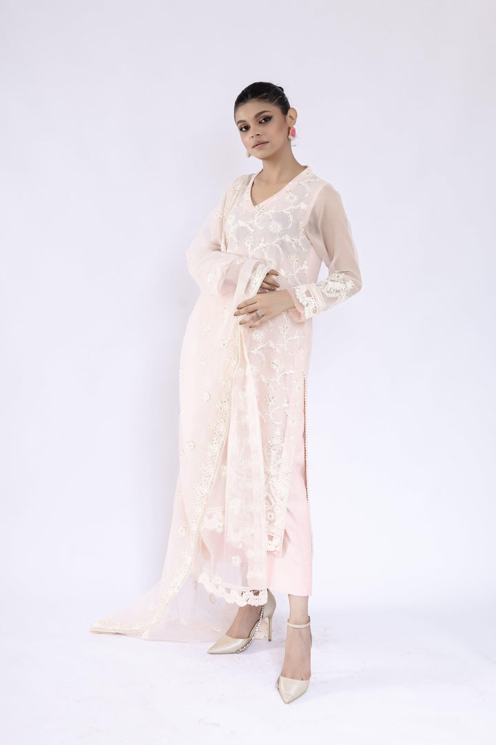 Sadia Aamir - Inara - Powder Pink Khaddi Net Shirt and Dupatta with Culottes - 3 Piece