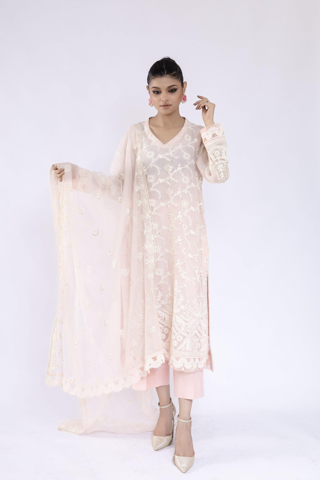 Sadia Aamir - Inara - Powder Pink Khaddi Net Shirt and Dupatta with Culottes - 3 Piece