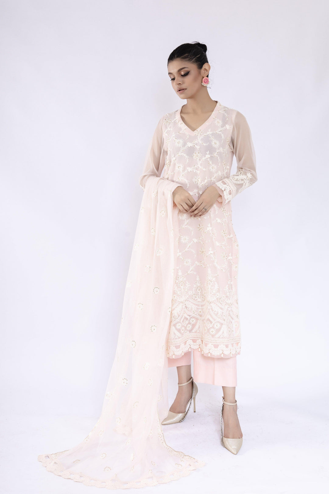 Sadia Aamir - Inara - Powder Pink Khaddi Net Shirt and Dupatta with Culottes - 3 Piece