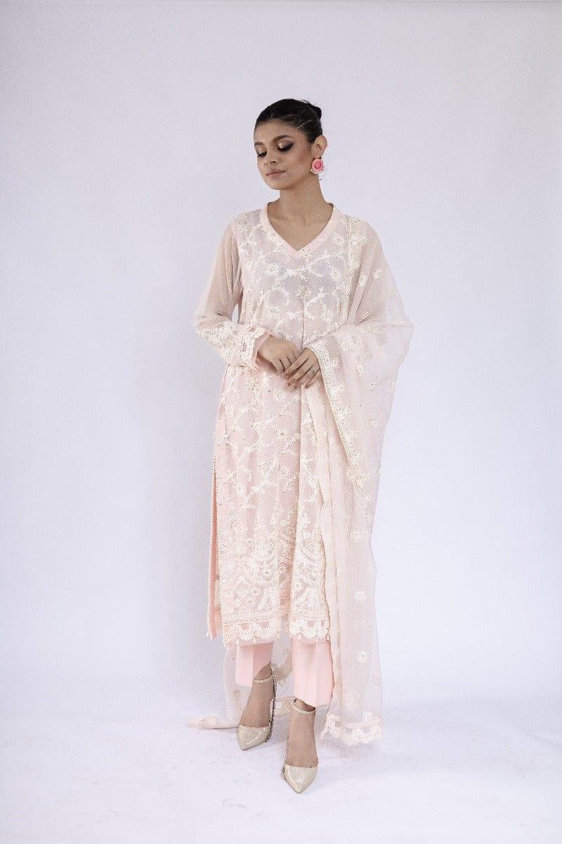 Sadia Aamir - Inara - Powder Pink Khaddi Net Shirt and Dupatta with Culottes - 3 Piece