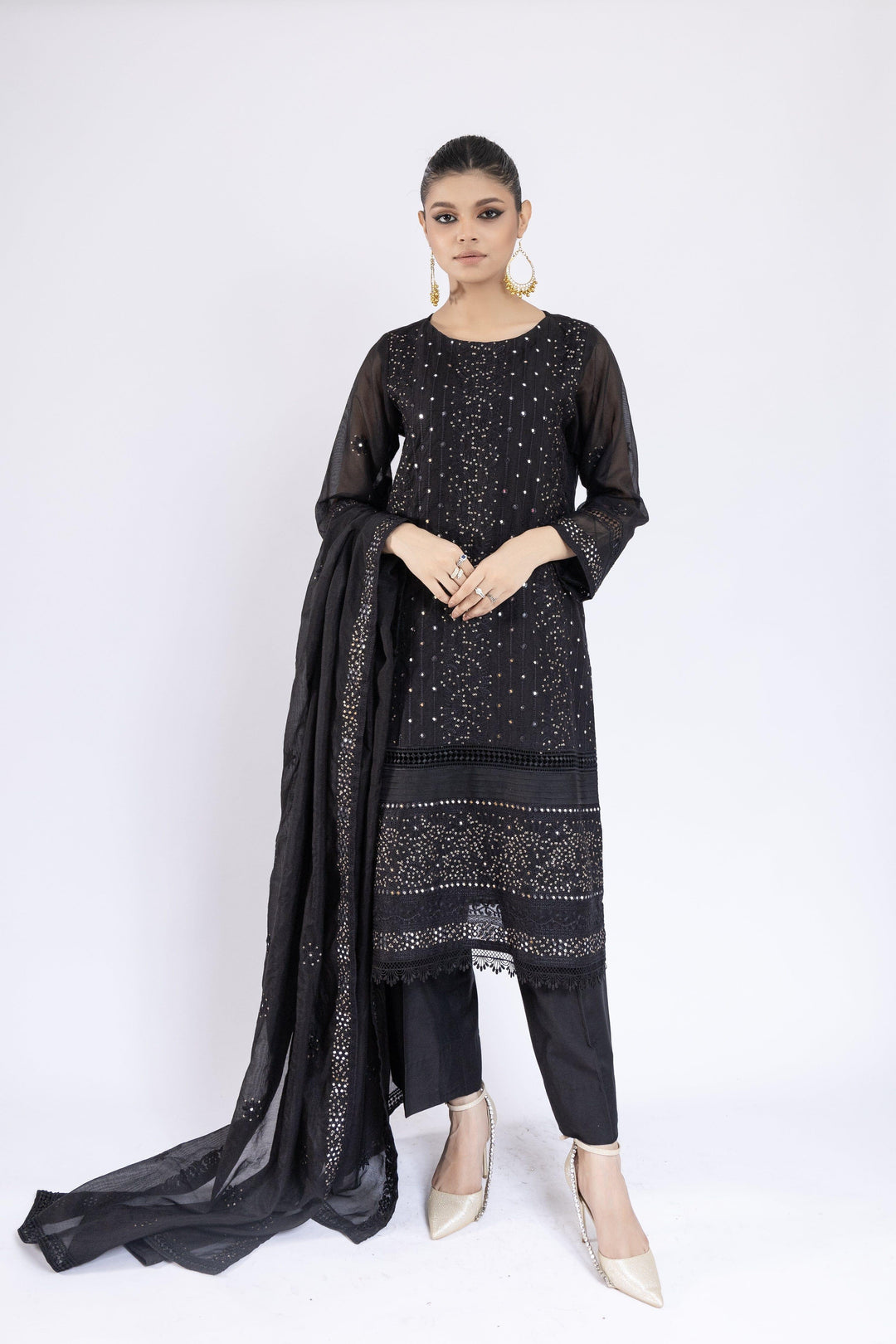 Sadia Aamir - Lailah - Black Organza Embroidered Shirt and Dupatta with Culottes - 3 Piece