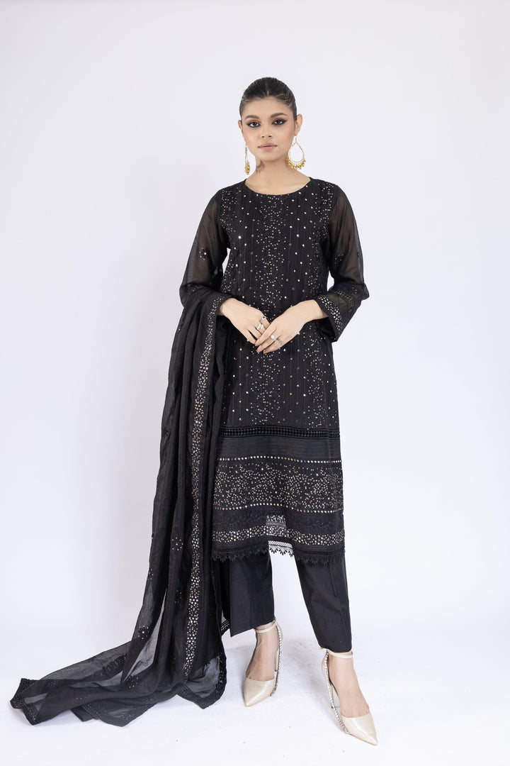 Sadia Aamir - Lailah - Black Organza Embroidered Shirt and Dupatta with Culottes - 3 Piece