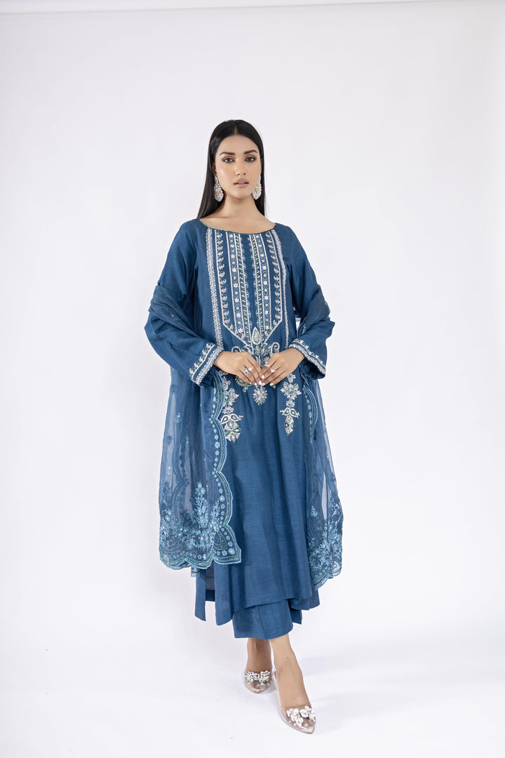 Sadia Aamir - Layana - Blue Silver Korean Raw Silk Shirt and Culottes with Organza Dupatta - 3 Piece