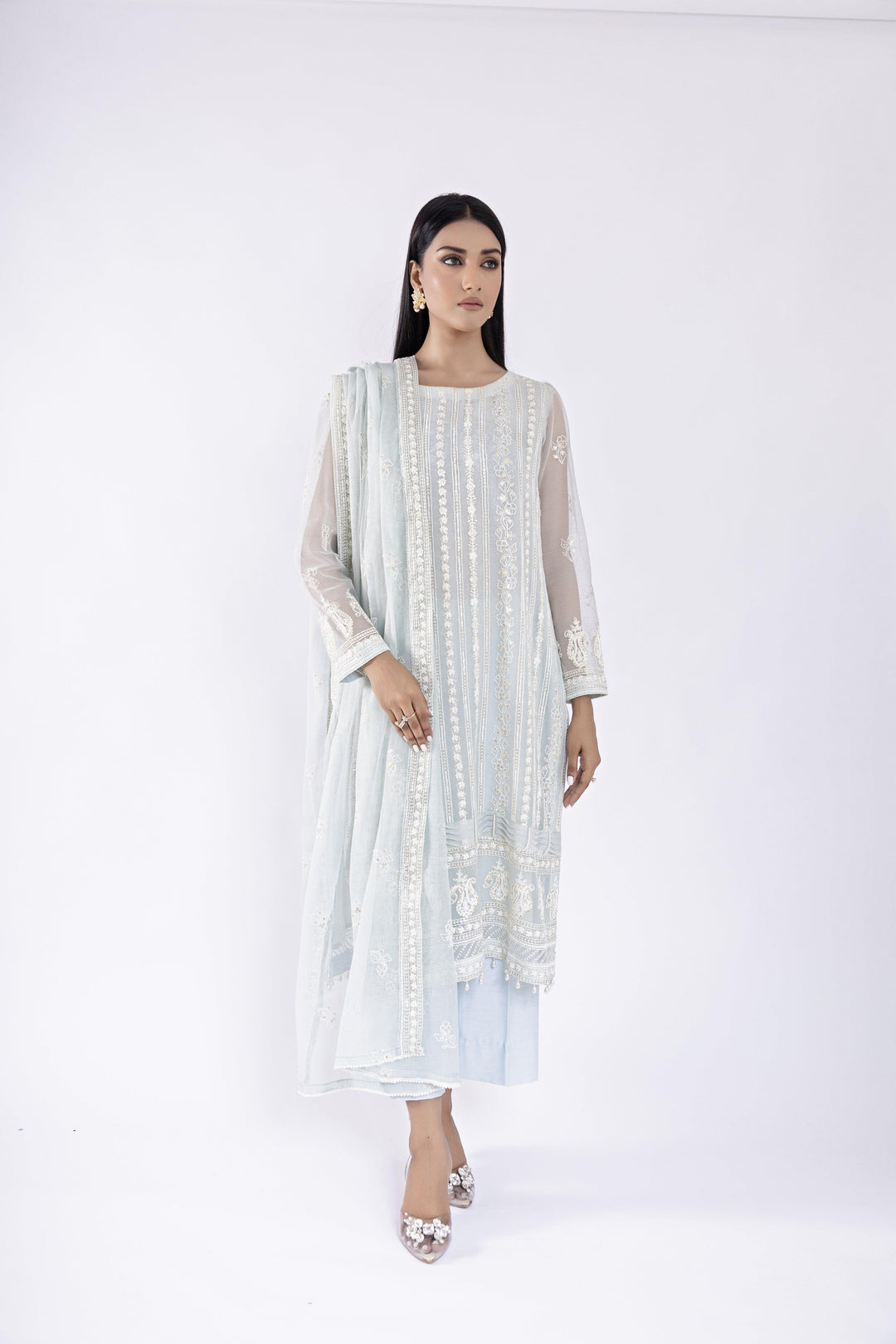 Sadia Aamir - Mina - Ice Blue Khaddi Net Shirt and Dupatta with Culottes - 3 Piece