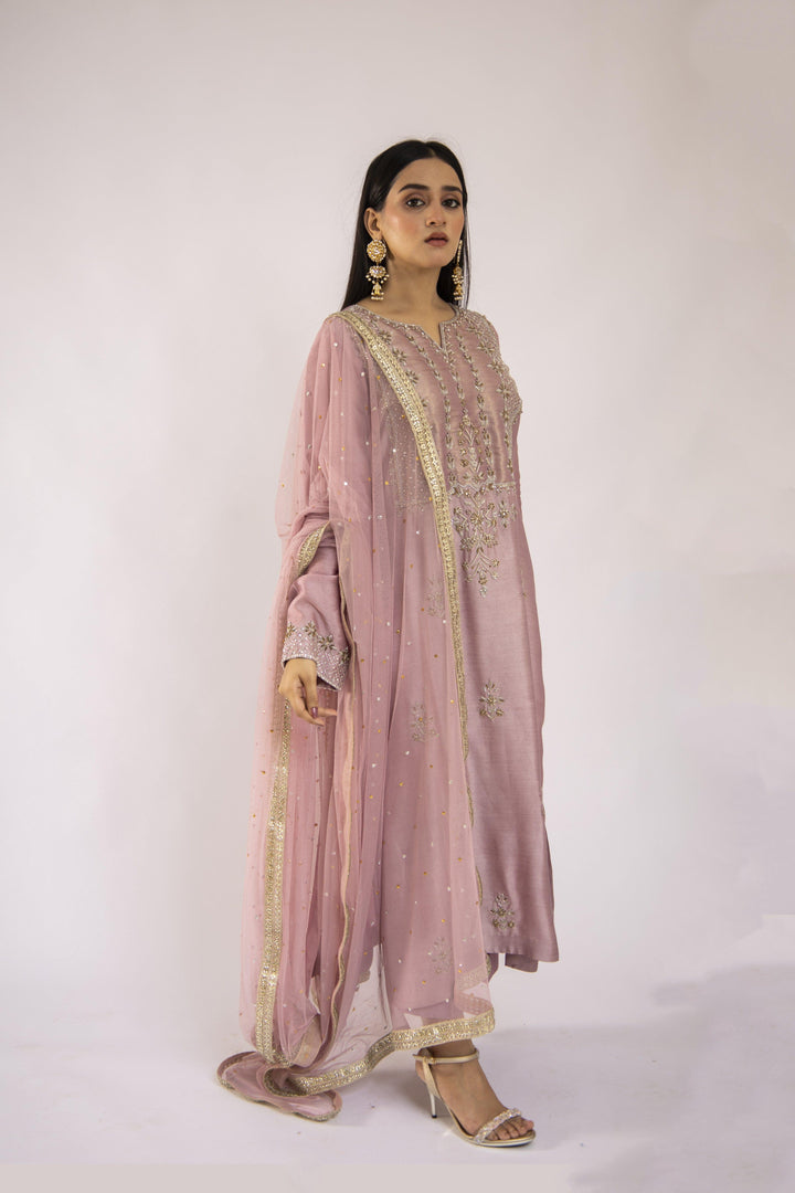 Sadia Aamir - Noori - Lilac Sheesha Silk Shirt and Culottes with Net Dupatta - 3 PIece