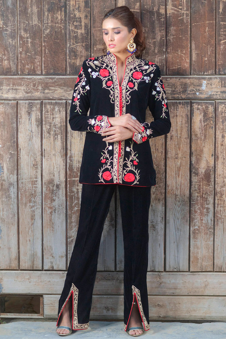 Salahuddin Pasha - Amira Velvet Jacket For Women - Black - 2 Piece