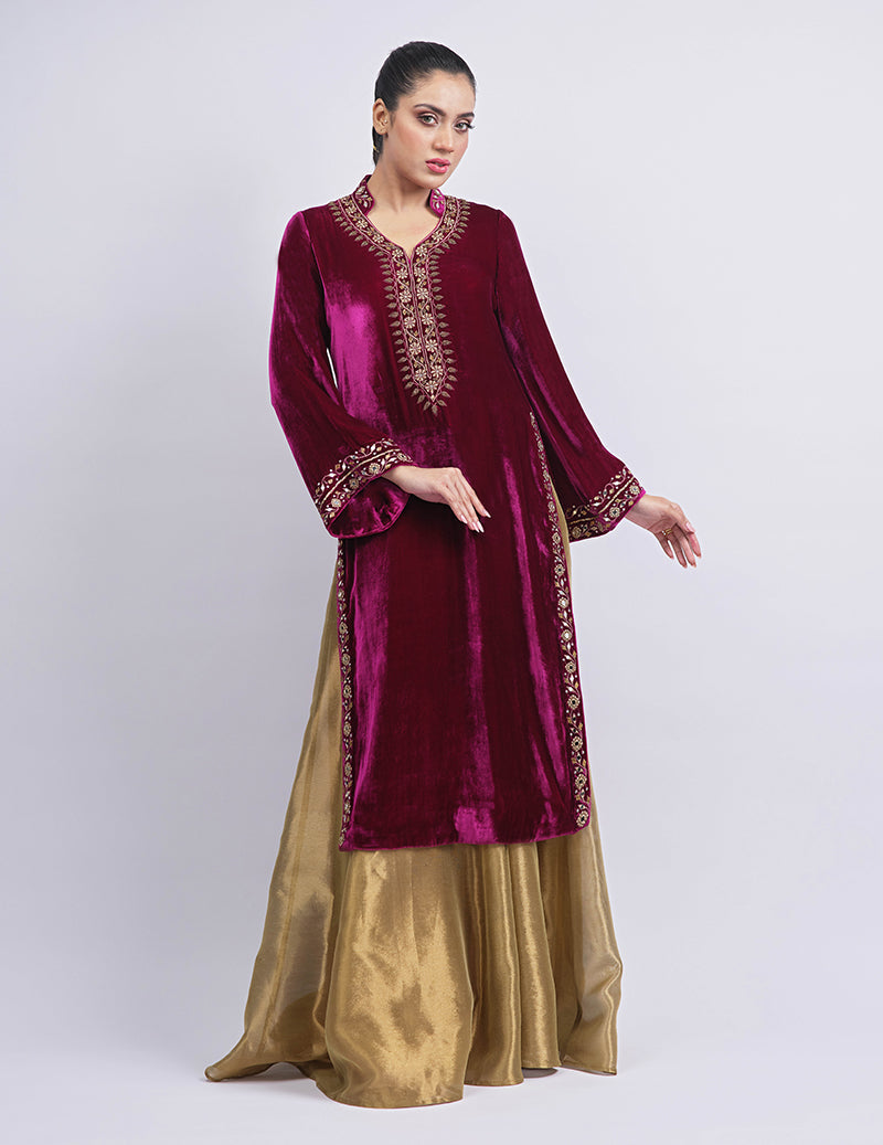 Salahuddin Pasha - Azalea Velvet Gharara For Women - Burgundy - 2 Piece
