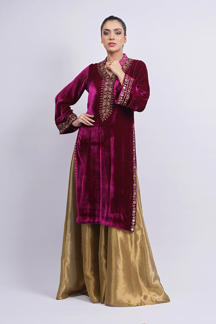 Salahuddin Pasha - Azalea Velvet Gharara For Women - Burgundy - 2 Piece