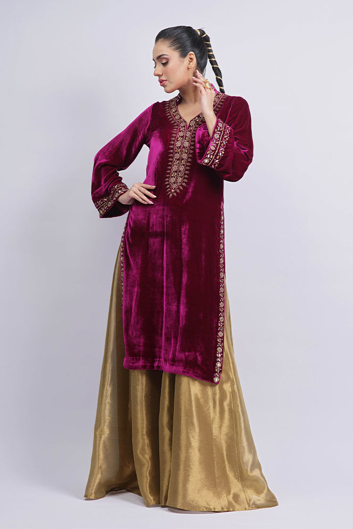 Salahuddin Pasha - Azalea Velvet Gharara For Women - Burgundy - 2 Piece