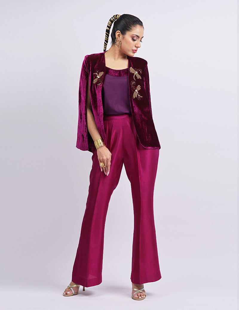 Salahuddin Pasha - Czarina Velvet Jacket For Women - Burgundy - 2 Piece