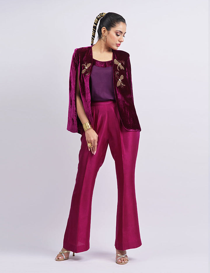 Salahuddin Pasha - Czarina Velvet Jacket For Women - Burgundy - 2 Piece