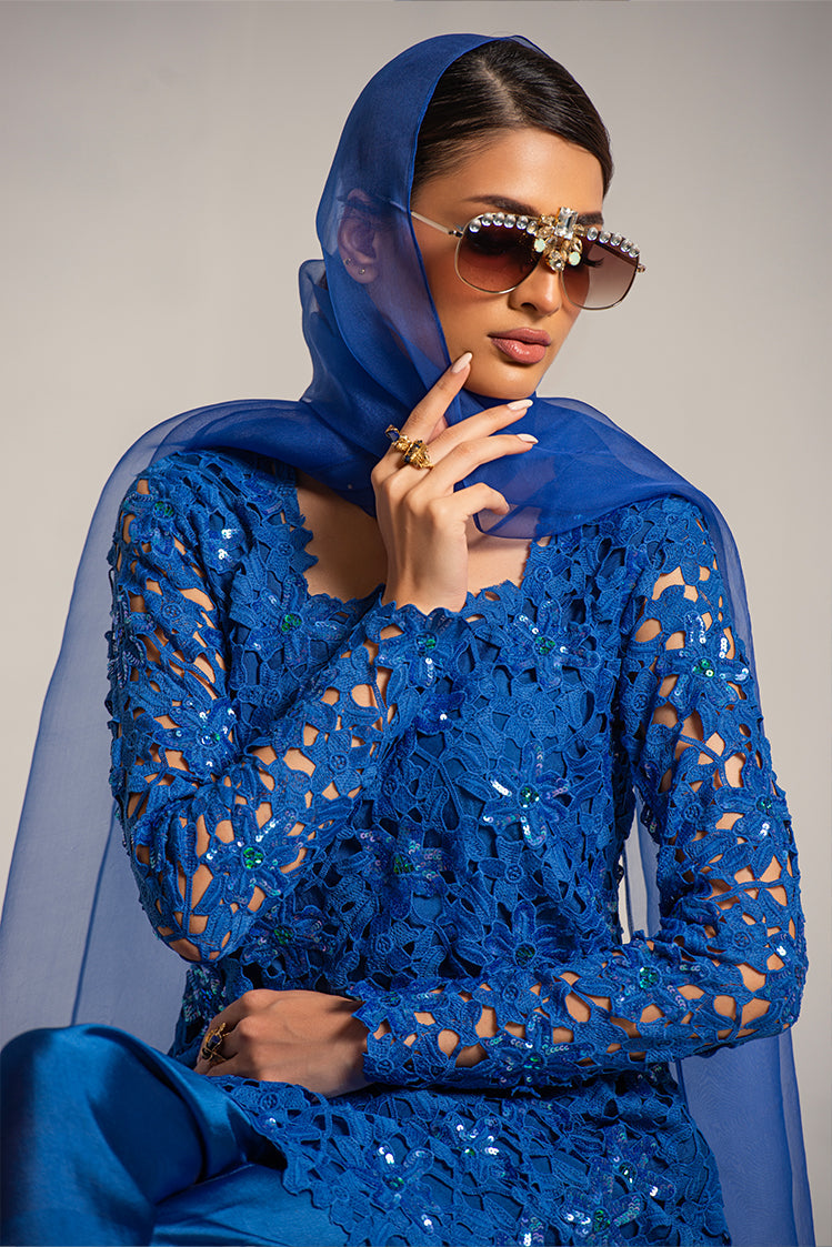 Salahuddin Pasha - Diamond Dust Silk, Organza Suit For Women - Blue - 3 Piece