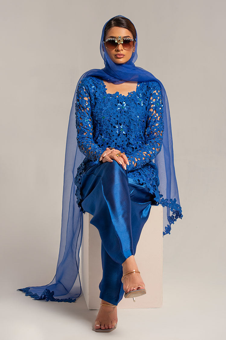 Salahuddin Pasha - Diamond Dust Silk, Organza Suit For Women - Blue - 3 Piece