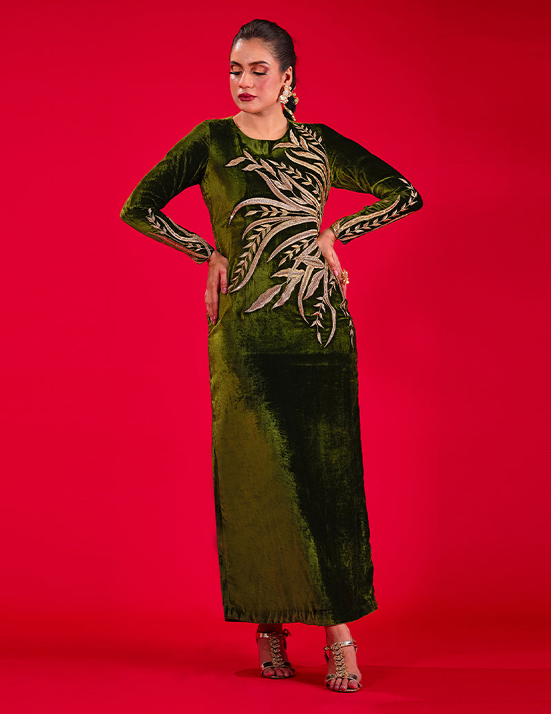 Salahuddin Pasha - Jade Velvet Kaftan For Women - Green - 1 Piece