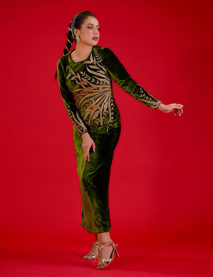 Salahuddin Pasha - Jade Velvet Kaftan For Women - Green - 1 Piece