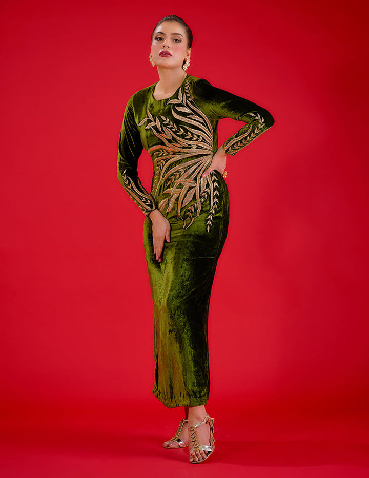 Salahuddin Pasha - Jade Velvet Kaftan For Women - Green - 1 Piece