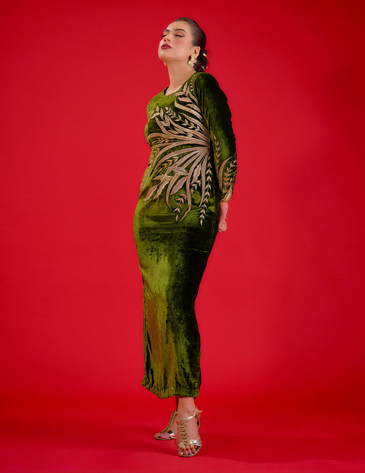Salahuddin Pasha - Jade Velvet Kaftan For Women - Green - 1 Piece