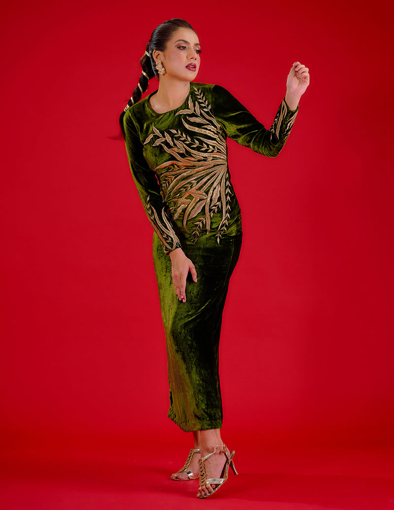 Salahuddin Pasha - Jade Velvet Kaftan For Women - Green - 1 Piece