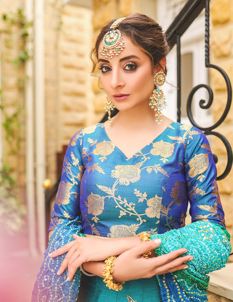 Salahuddin Pasha - La Reveur Silk Lehnga choli For Women - Aqua Blue - 3 Piece