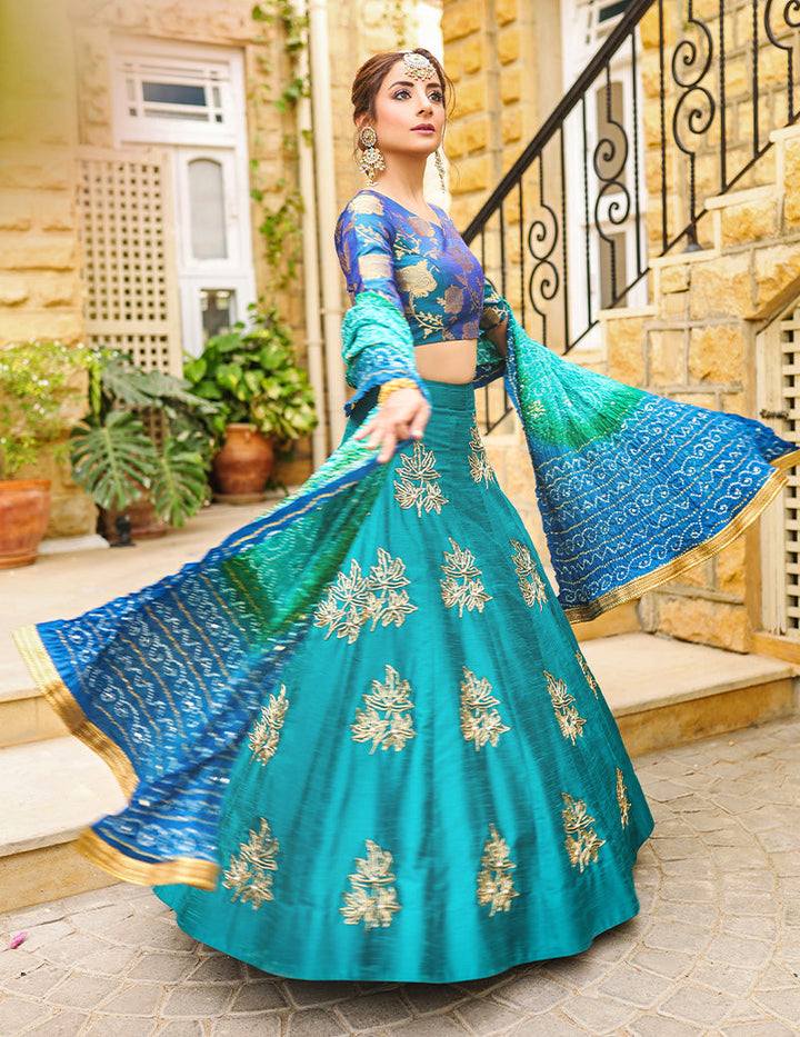 Salahuddin Pasha - La Reveur Silk Lehnga choli For Women - Aqua Blue - 3 Piece