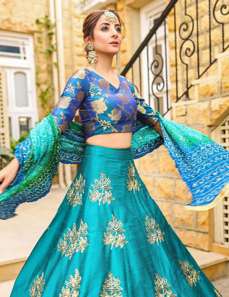 Salahuddin Pasha - La Reveur Silk Lehnga choli For Women - Aqua Blue - 3 Piece