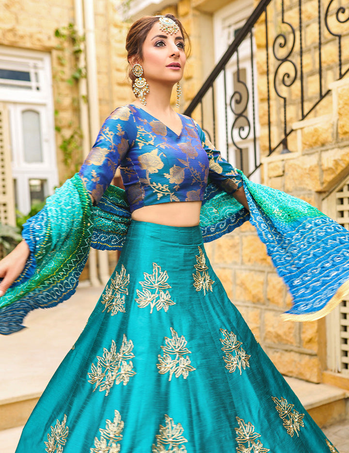 Salahuddin Pasha - La Reveur Silk Lehnga choli For Women - Aqua Blue - 3 Piece