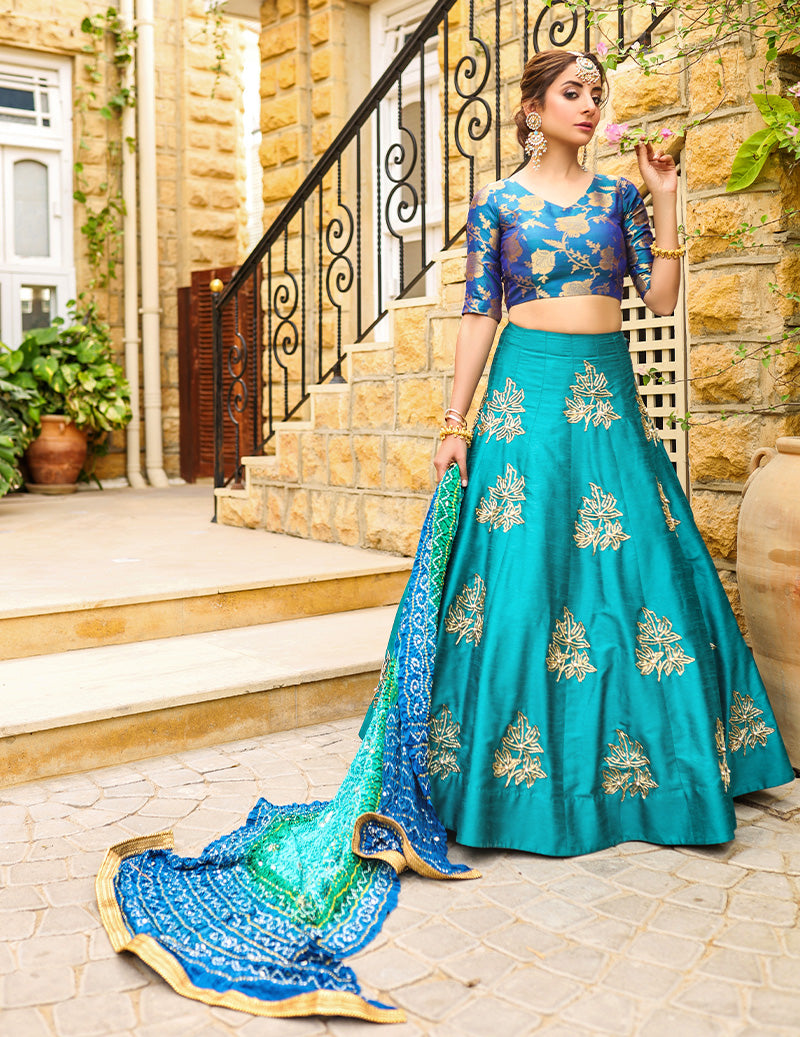 Salahuddin Pasha - La Reveur Silk Lehnga choli For Women - Aqua Blue - 3 Piece