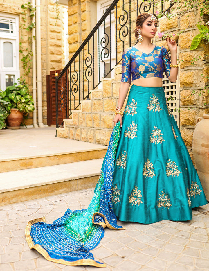 Salahuddin Pasha - La Reveur Silk Lehnga choli For Women - Aqua Blue - 3 Piece