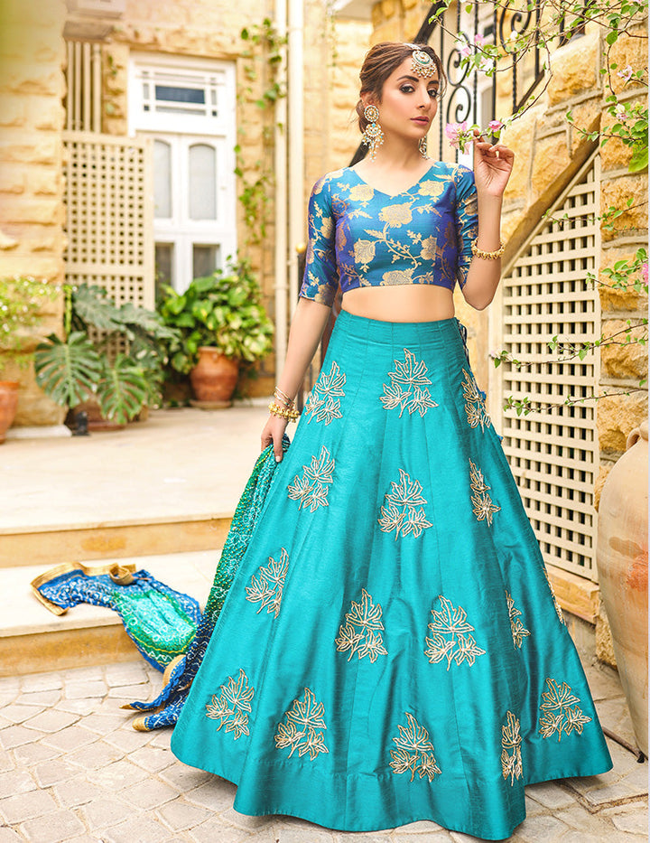 Salahuddin Pasha - La Reveur Silk Lehnga choli For Women - Aqua Blue - 3 Piece