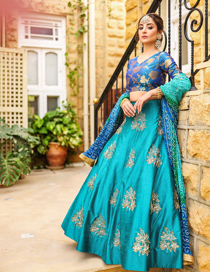 Salahuddin Pasha - La Reveur Silk Lehnga choli For Women - Aqua Blue - 3 Piece